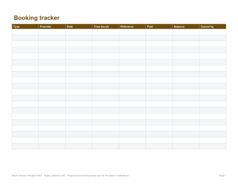 Preview of the first page of Booking tracker (XLSX)