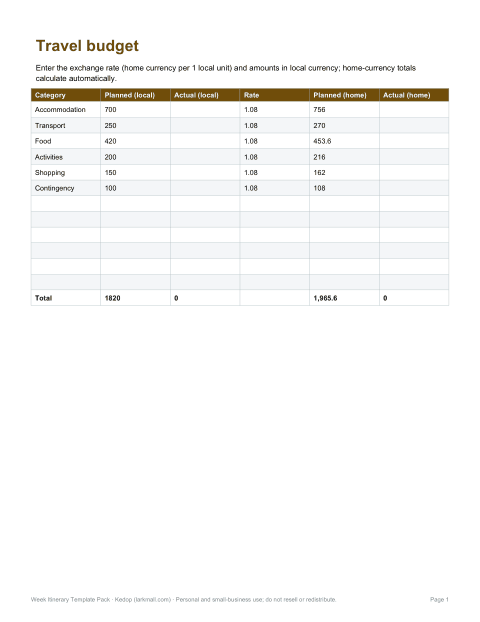 Preview of the first page of Travel budget (XLSX)
