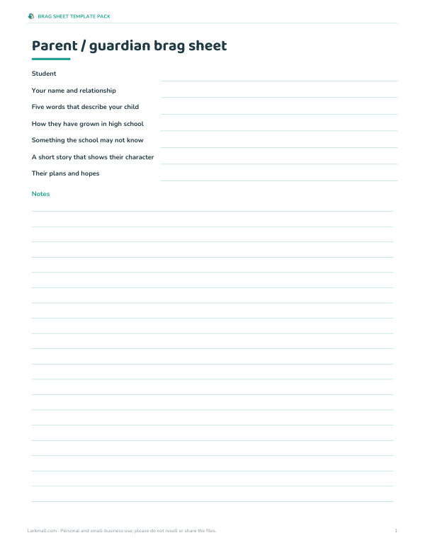 Preview of Parent Brag Sheet Printable