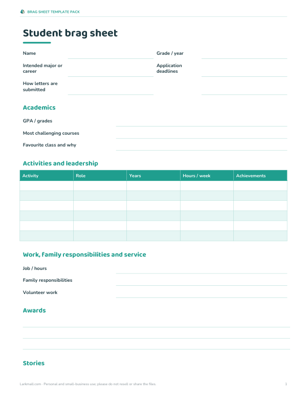 Preview of Student Brag Sheet Template