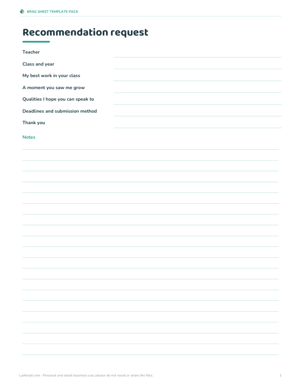 Preview of Teacher Recommendation Request Sheet